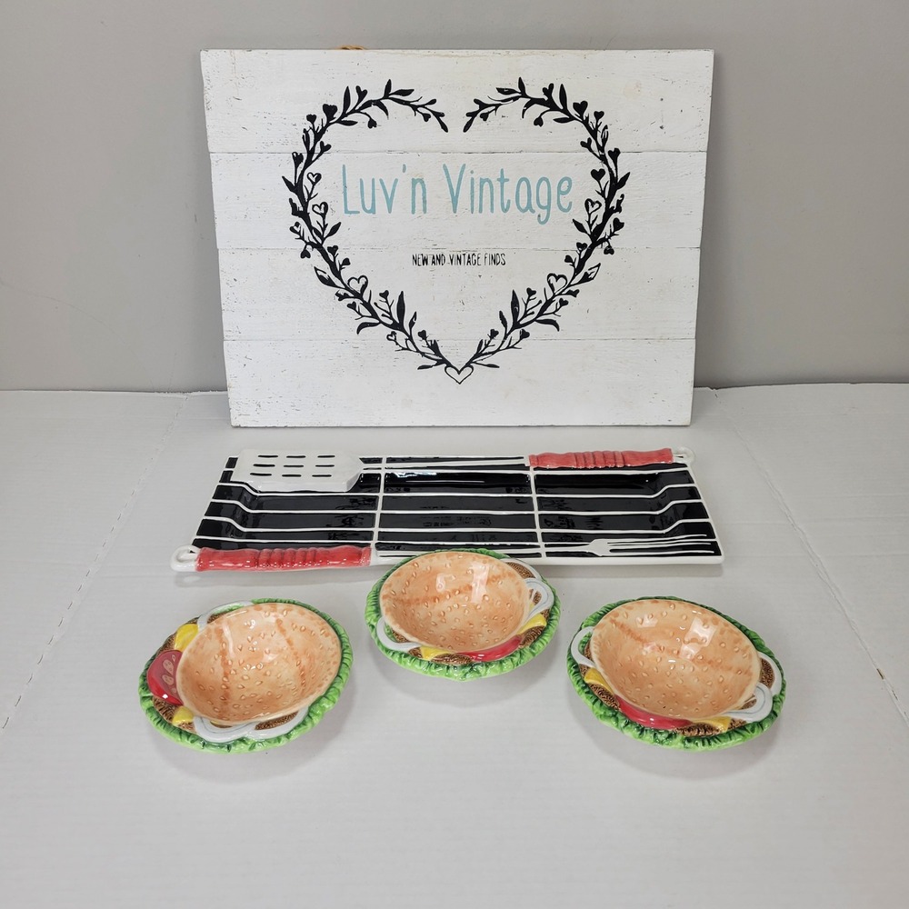 Fitz and Floyd Grillin and Chillin Burger Appetizer Platter Bowl Set BBQ Party